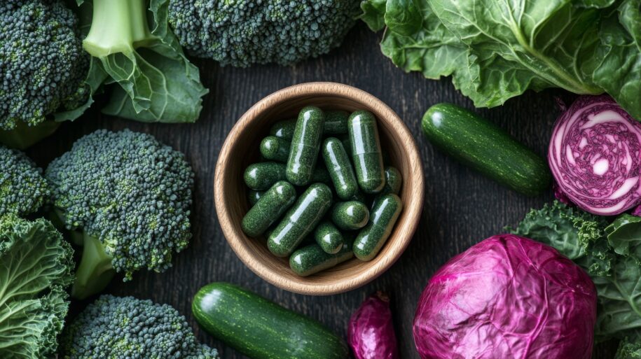 Discover the benefits of natural supplements for hormone balance alongside fresh vegetables. This image showcases vibrant greens and dietary capsules for health.